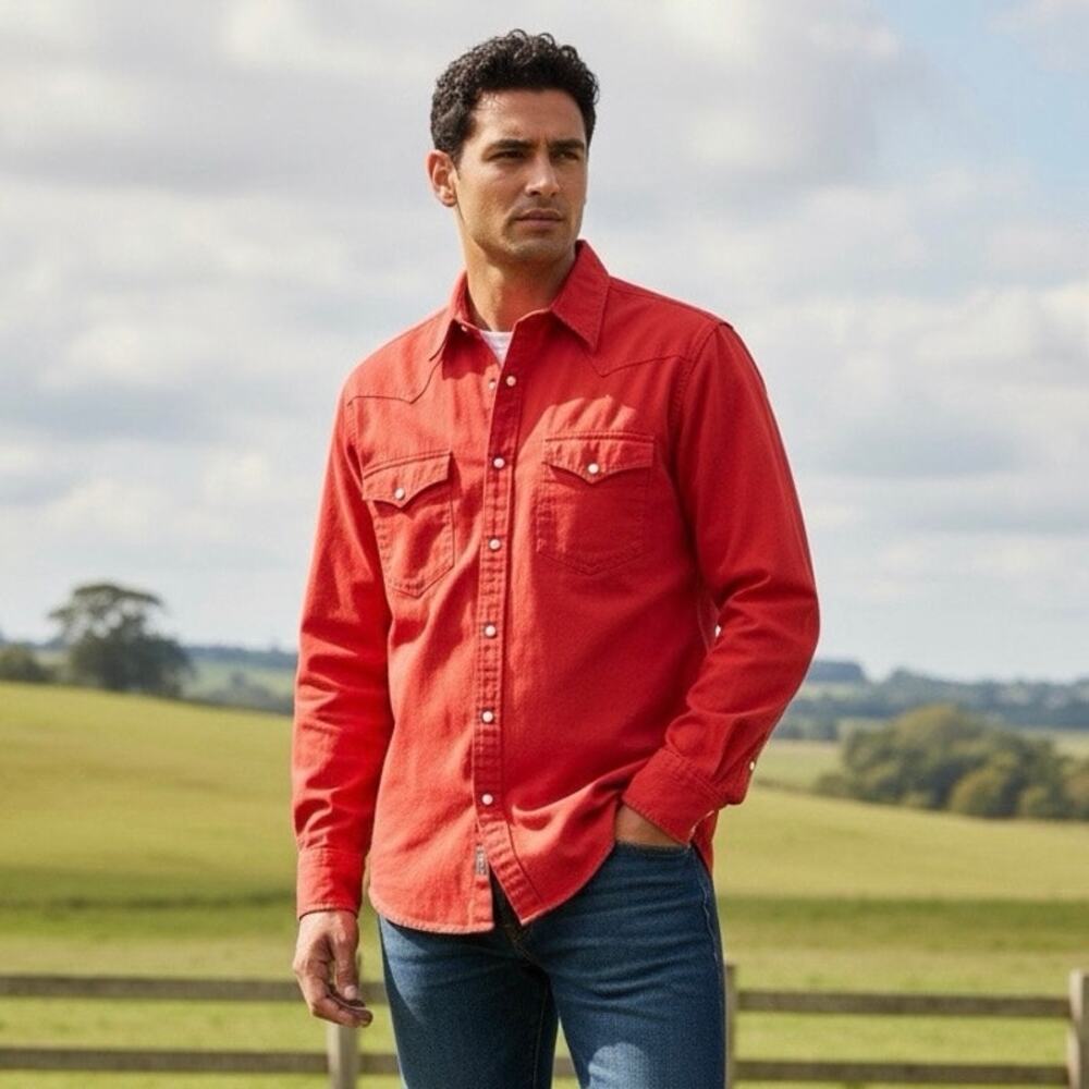 Carbon Athletic Western Shirt Mens Large Red Pearl Snap Long Sleeve Cowboy Yoke